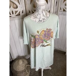 Vintage 90's Hawaii Floral Flowers One Size T Shirt Light Green Vtg Happy Shirts